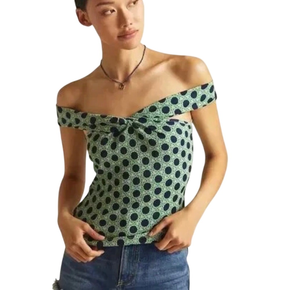 Maeve Anthropologie Green Navy Polka Dot Off Shoulder Twist Front Top XS